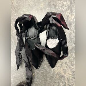 ASOS SZ 2 black leather wedge heel shoes goth witchy
 ribbon lace up quality